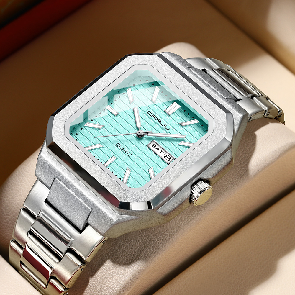 CRRJU 남성용 캐주얼 스테인레스 스틸 시계, 요일  - Smartwatch Square Watches For Men 리뷰 및 가격